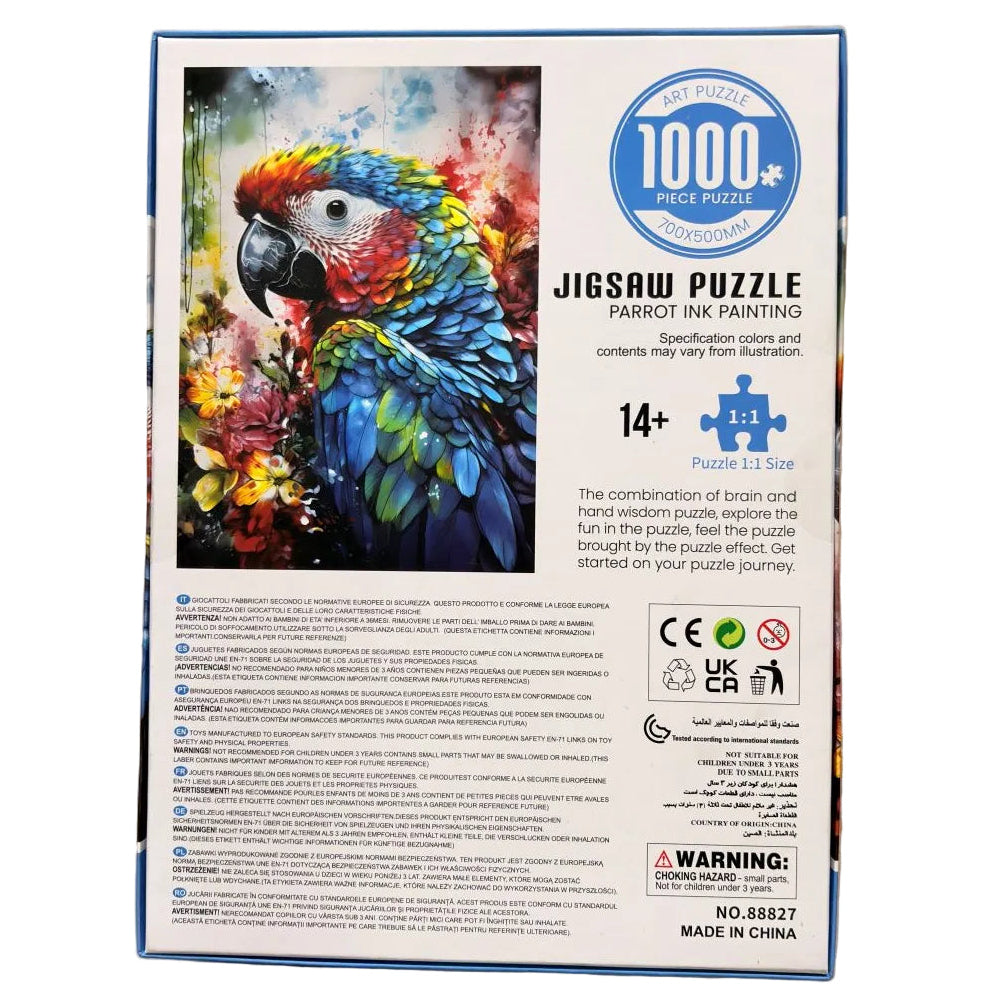 A 1000-piece jigsaw puzzle box featuring a colorful parrot