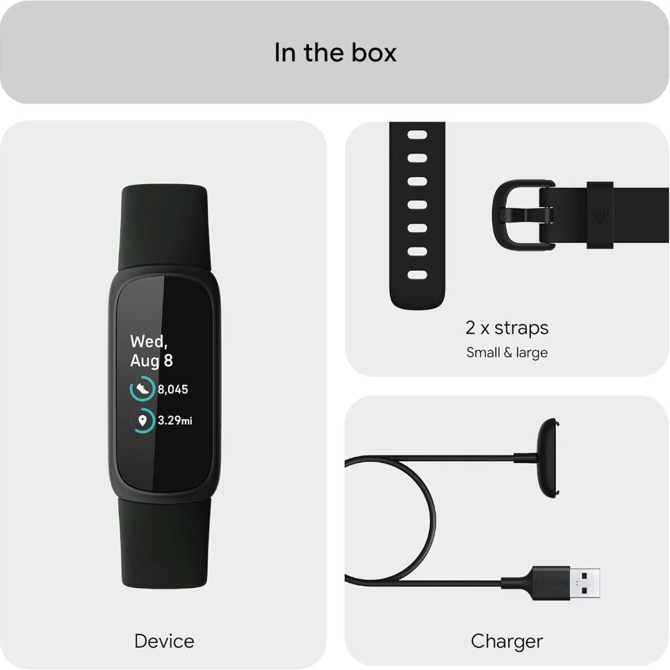 Smartwatch with strap, charger, and two additional straps in a box layout.