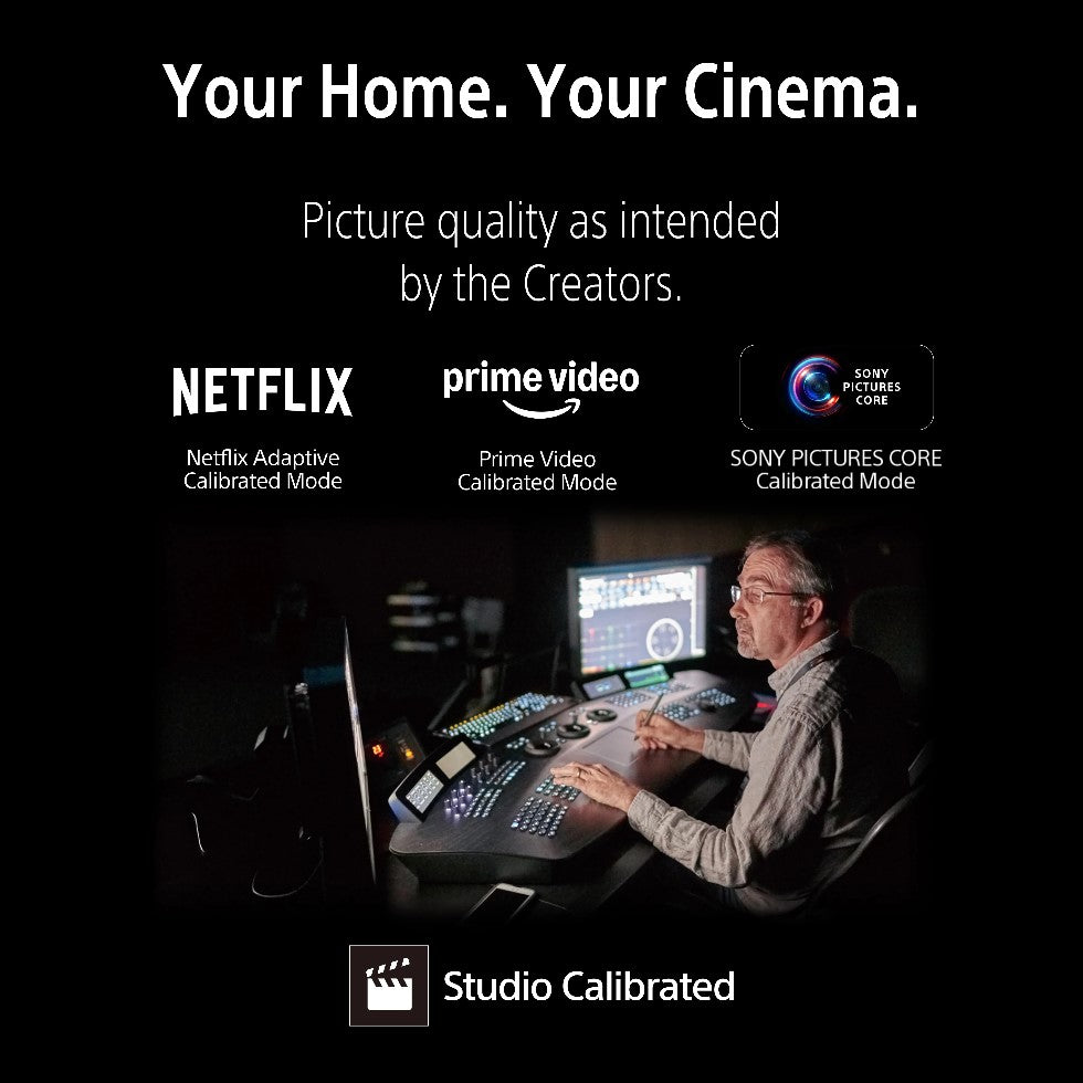 Person working at a computer with multiple screens, surrounded by technology equipment, with text about picture quality and compatibility with Netflix, Amazon Prime Video, and Sony Pictures Core.