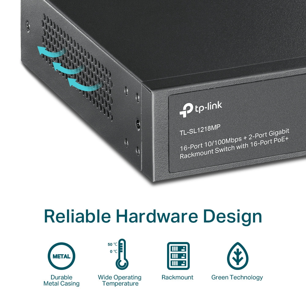 TP-LINK 16-Port, 2-Port Rackmount Switch with 16-Port PoE+ TL-SL1218MP
