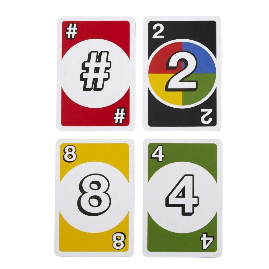 Four playing cards with different numbers and symbols on a white background