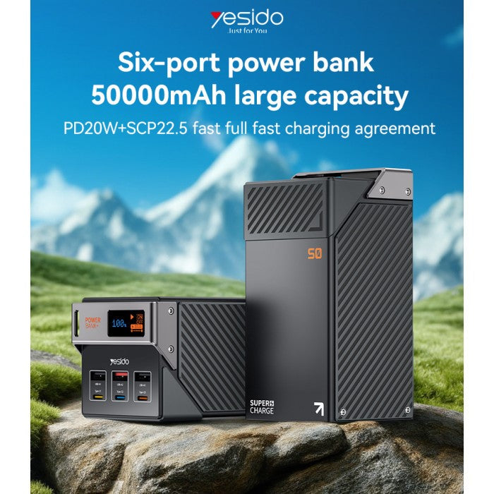 YESIDO 50,000mAh, 20W PD, 18W QC, 6-Ports Power Bank YP63