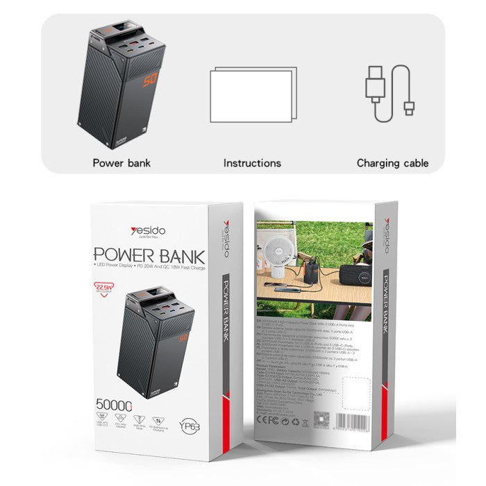 YESIDO 50,000mAh, 20W PD, 18W QC, 6-Ports Power Bank YP63