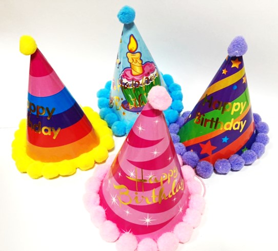 10pc Pack Plain Happy Birthday With Pompoms Party caps