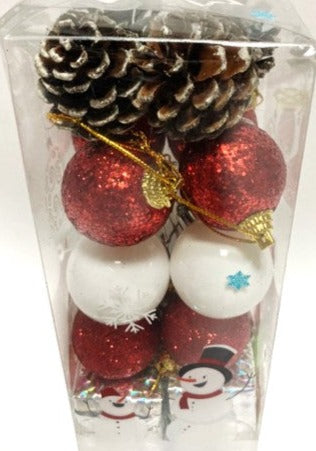 4cm Mix Colour Christmas Balls, Acorns, Boxes 20pc In Snowman Box