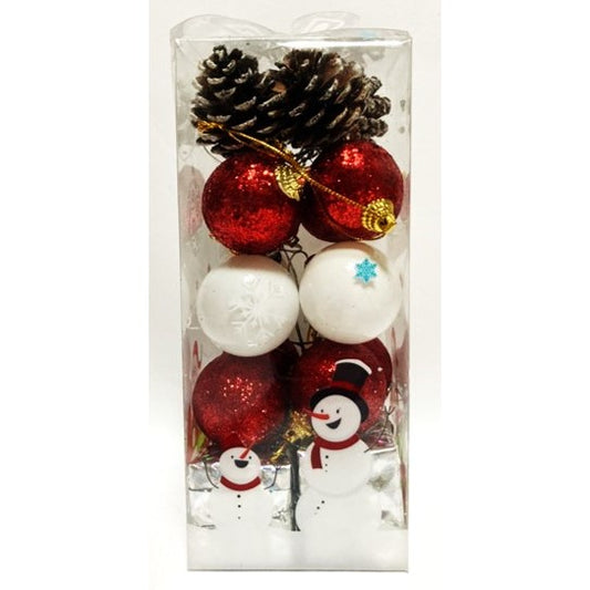 4cm Mix Colour Christmas Balls, Acorns, Boxes 20pc In Snowman Box