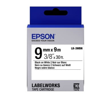 EPSON LabelWorks Tape Cartridge 9mm x 9 Meter Black on White LK-3WBN