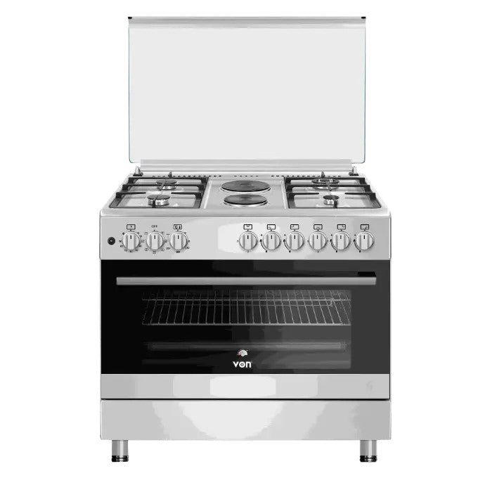 VON 90cm x 60cm, 4 Gas Burners, 2 Electric Plates, Multifunction Electric Oven Cooker, VCF964271FFX