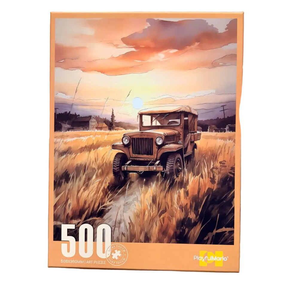 A 500-piece jigsaw puzzle featuring a vintage military jeep driving through grass 