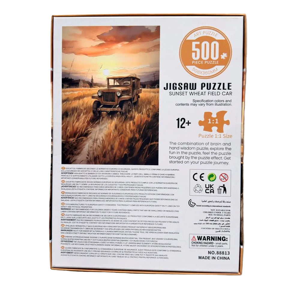 A 500-piece jigsaw puzzle featuring a vintage military jeep driving through grass 