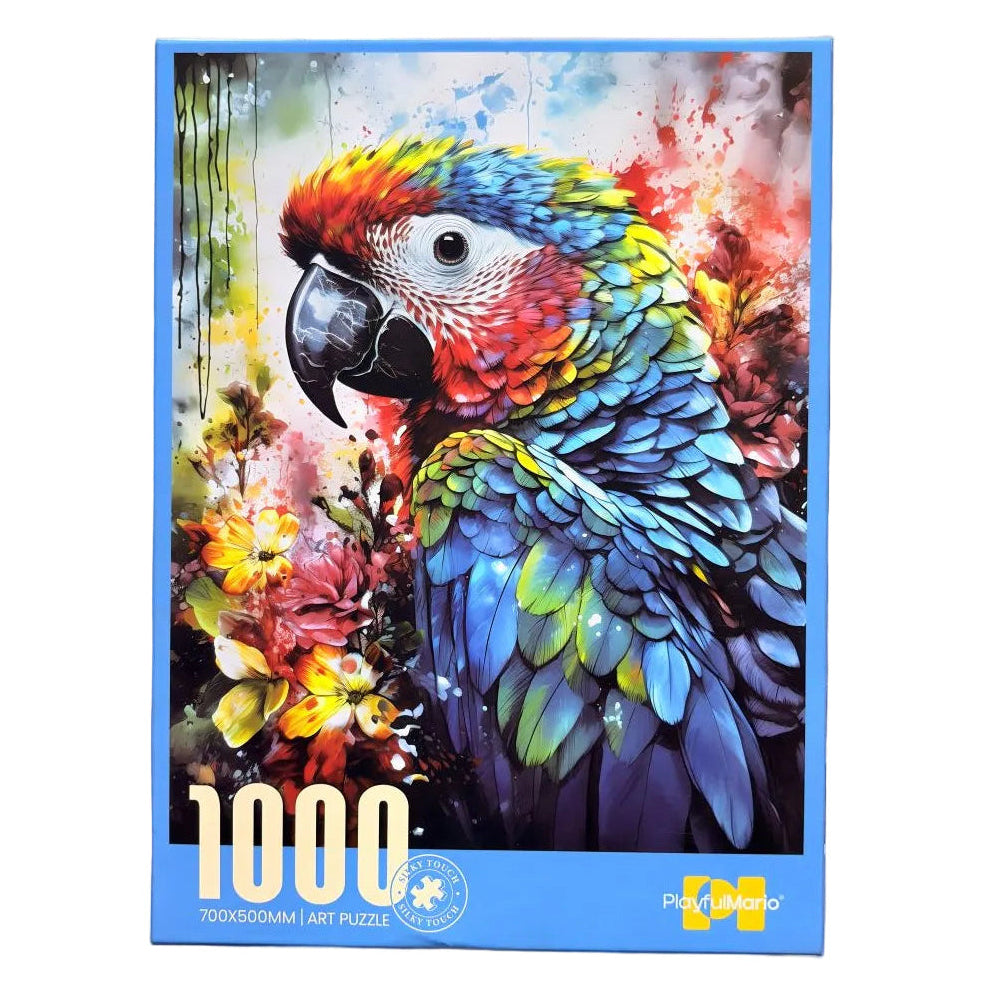 A 1000-piece jigsaw puzzle box featuring a colorful parrot