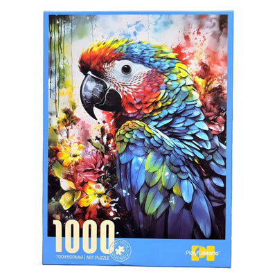 A 1000-piece jigsaw puzzle box featuring a colorful parrot