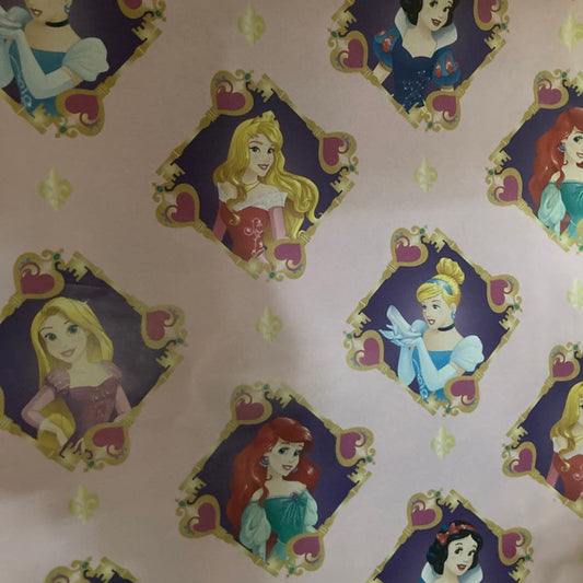 Patterned wallpaper with animated characters in decorative frames on a light pink background.