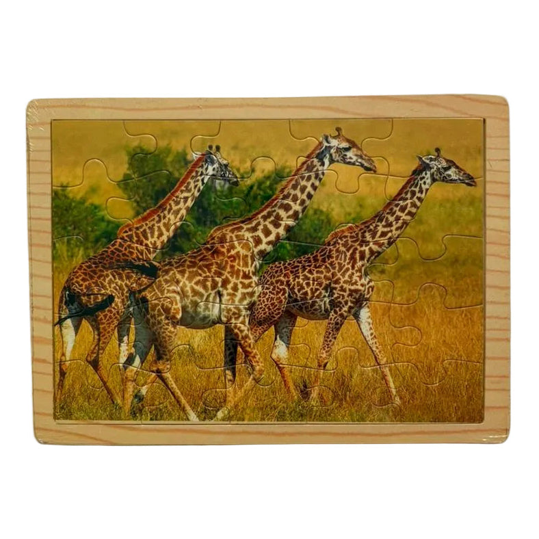 Wooden puzzle box with a design of three giraffes on a grassy background