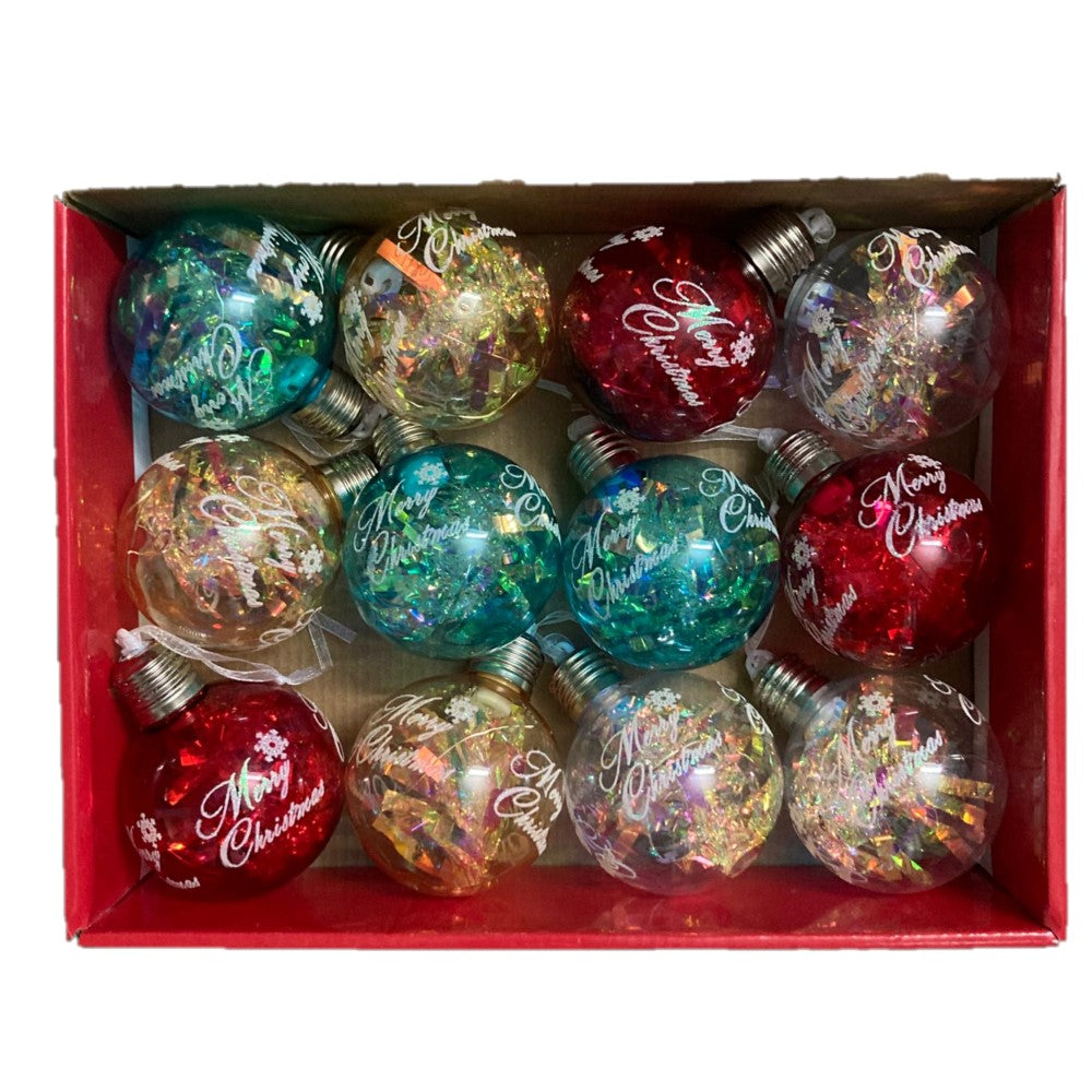 8cm See-through Ornament Balls With Lights In 12pc Gift Box