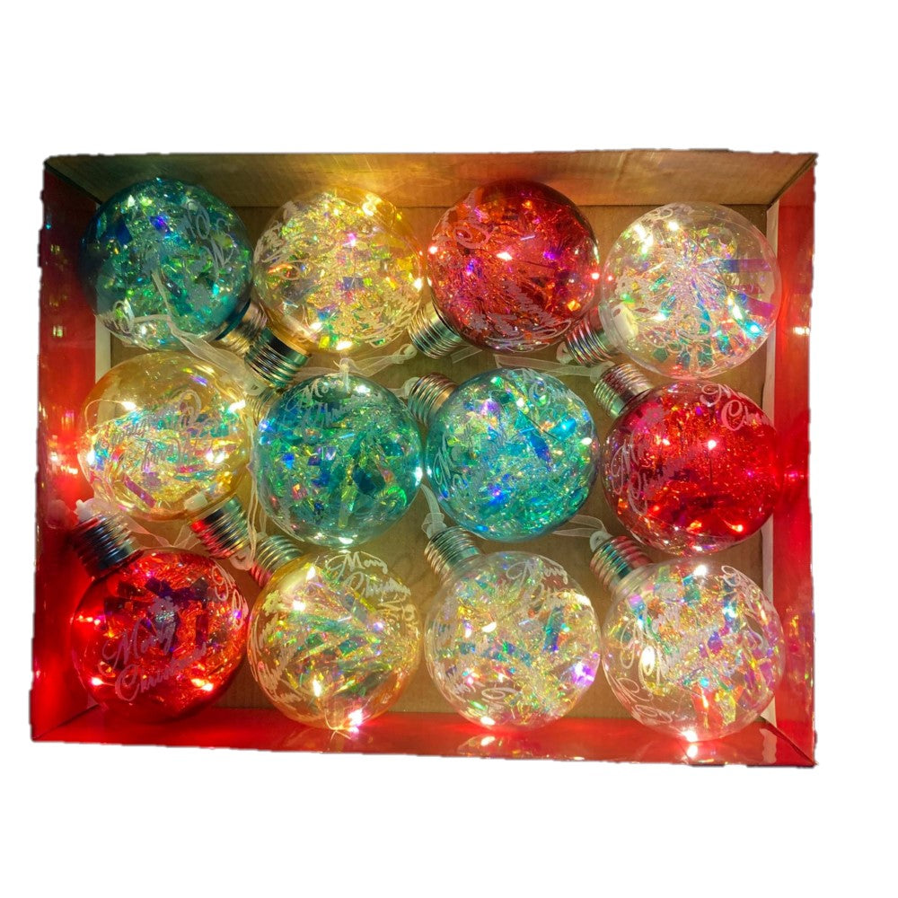 8cm See-through Ornament Balls With Lights In 12pc Gift Box