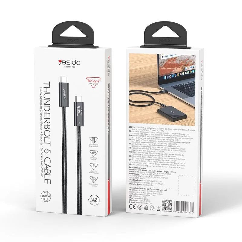 YESIDO Thunderbolt 5, Type C, 240W, 16K Vid, 80Gbps, Data Cable CA211