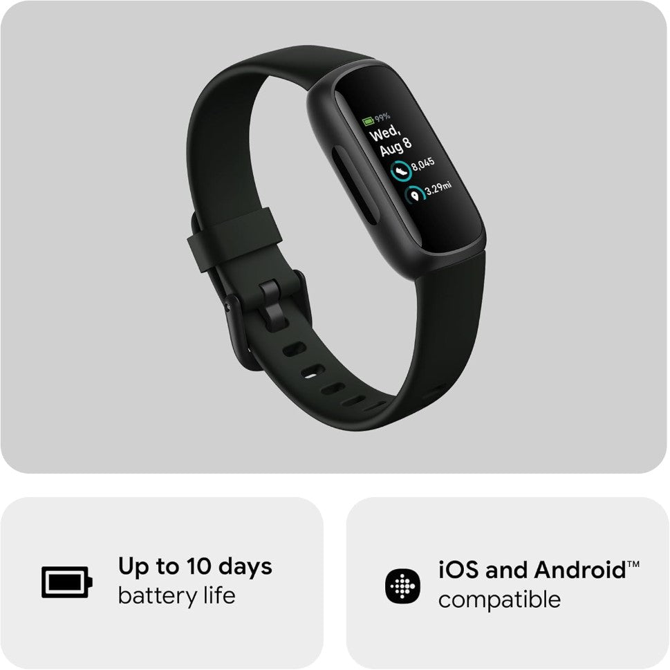 Black smartwatch on a gray background with compatibility and battery life text.