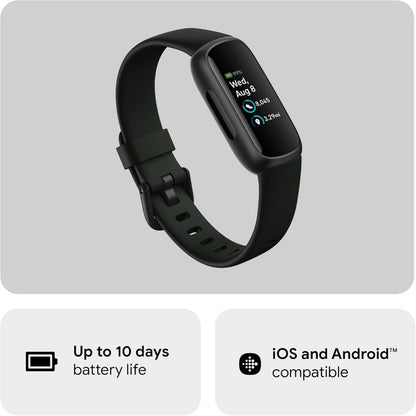 Black smartwatch on a gray background with compatibility and battery life text.