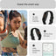 Woman exercising outdoors with fitness tracker features highlighted on a gray background