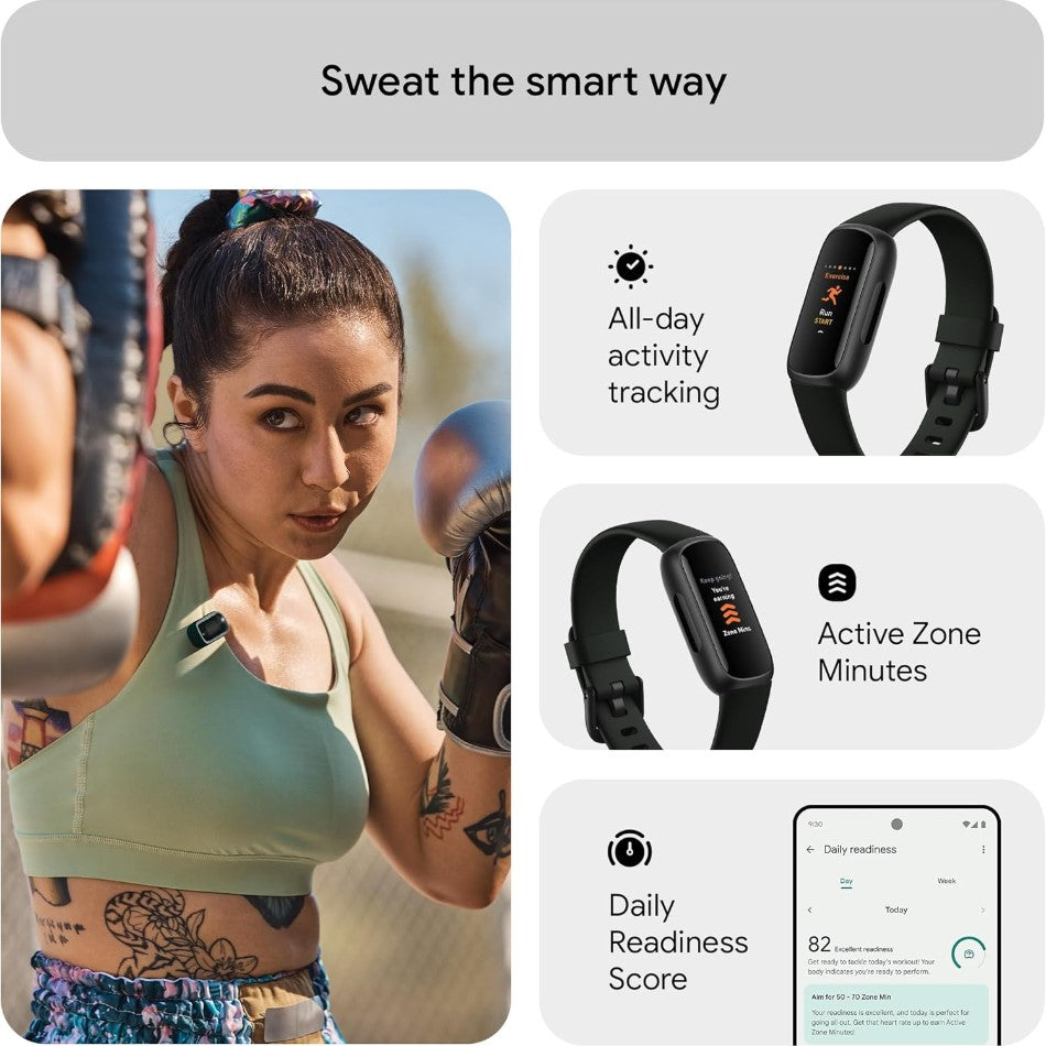 Woman exercising outdoors with fitness tracker features highlighted on a gray background