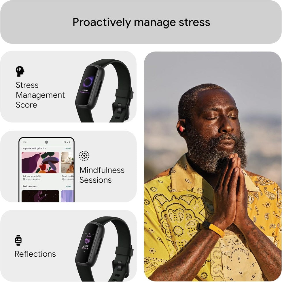 Product advertisement for stress management tools including a smartwatch, smartphone app, and a person meditating.