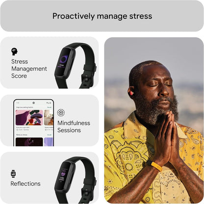 Product advertisement for stress management tools including a smartwatch, smartphone app, and a person meditating.