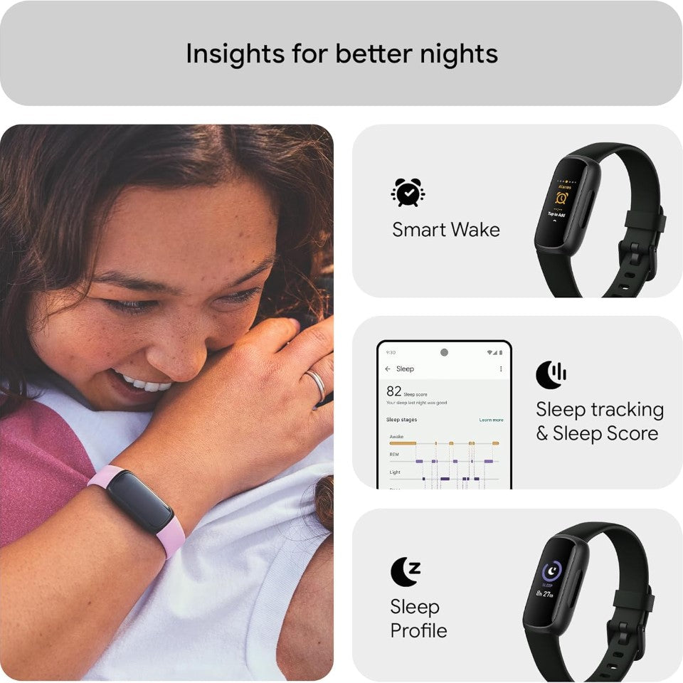 Smartwatch with sleep tracking features and a woman using it, labeled 'Insights for better nights'.
