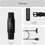 Smartwatch with strap, charger, and two additional straps in a box layout.