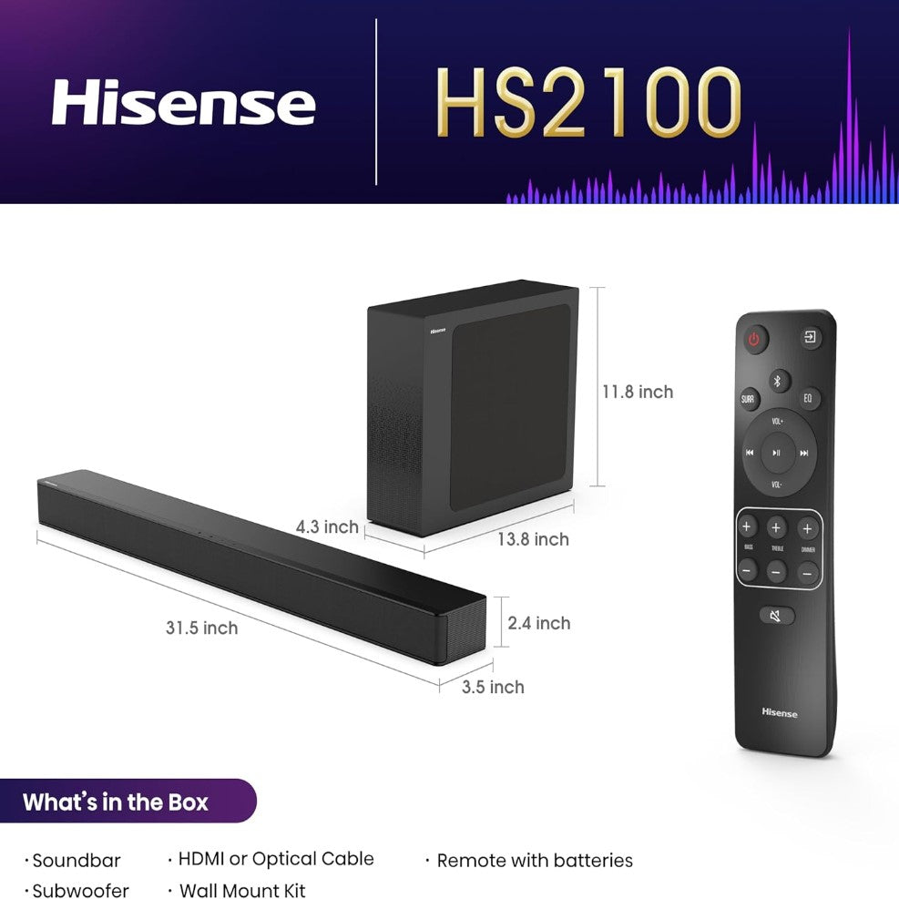 HISENSE HS2100 240w Sound Bar with Wireless Subwoofer | Tanzania