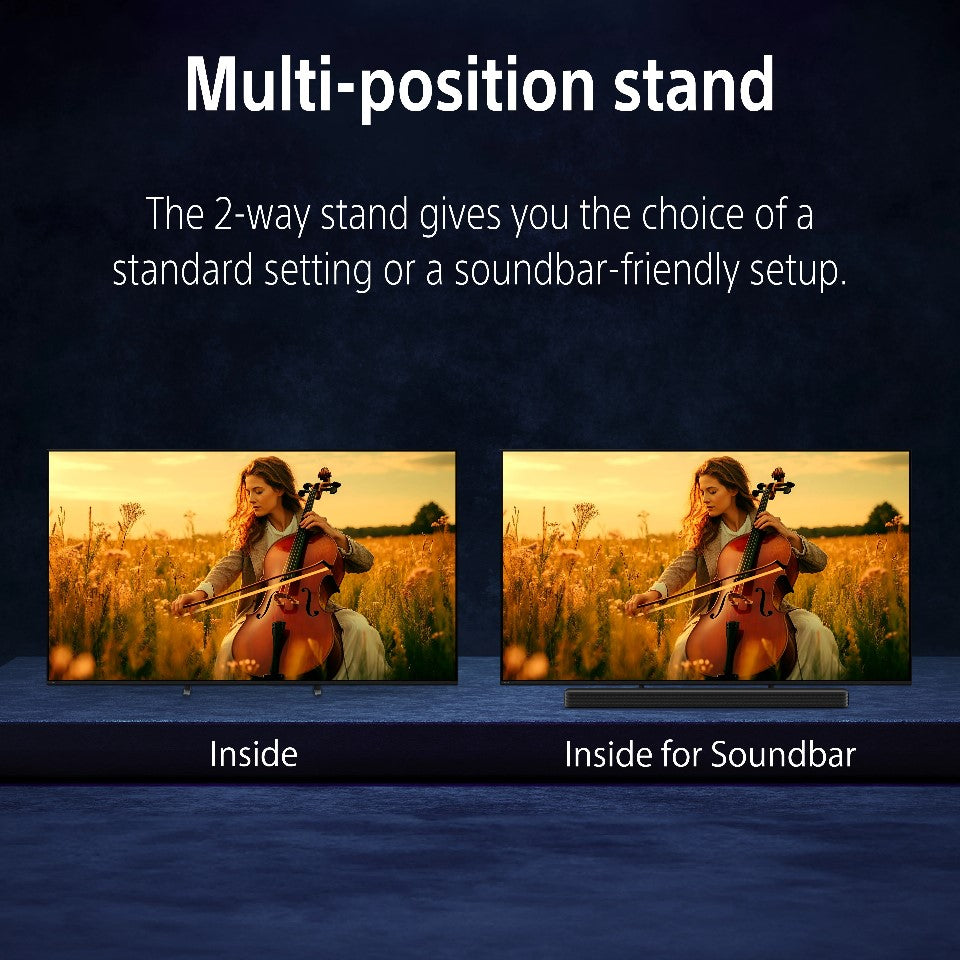 Two views of a woman playing a violin in a field with text about a multi-position stand.