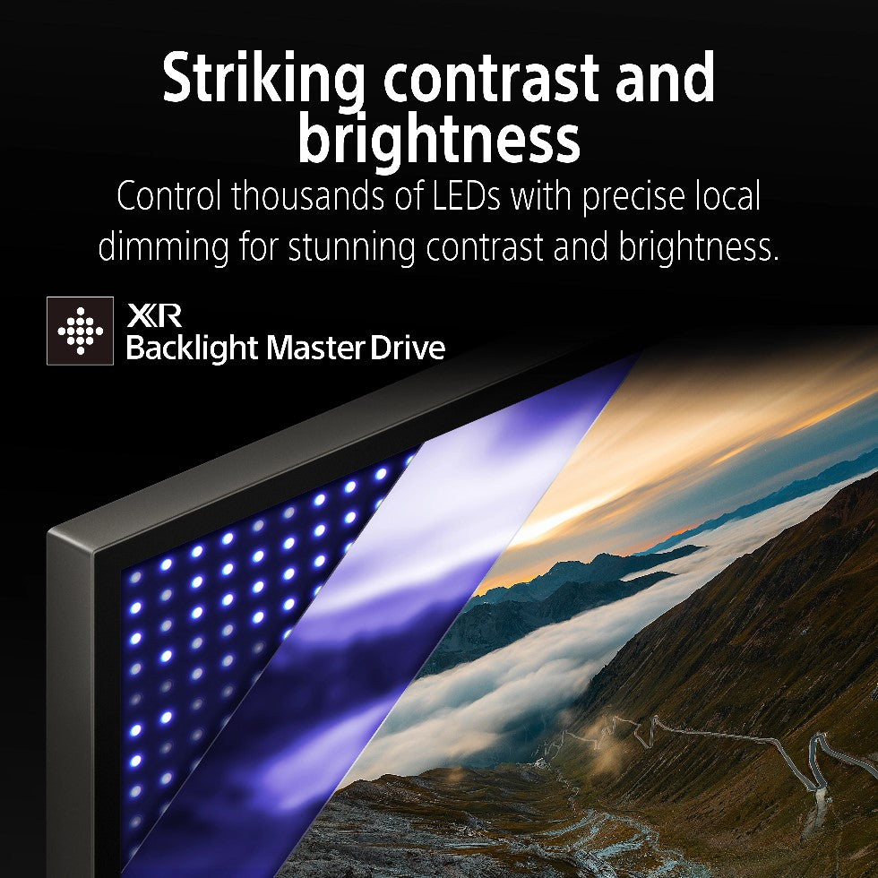 Display of a mountain landscape with LED lighting and text about XR Backlight MasterDrive technology.