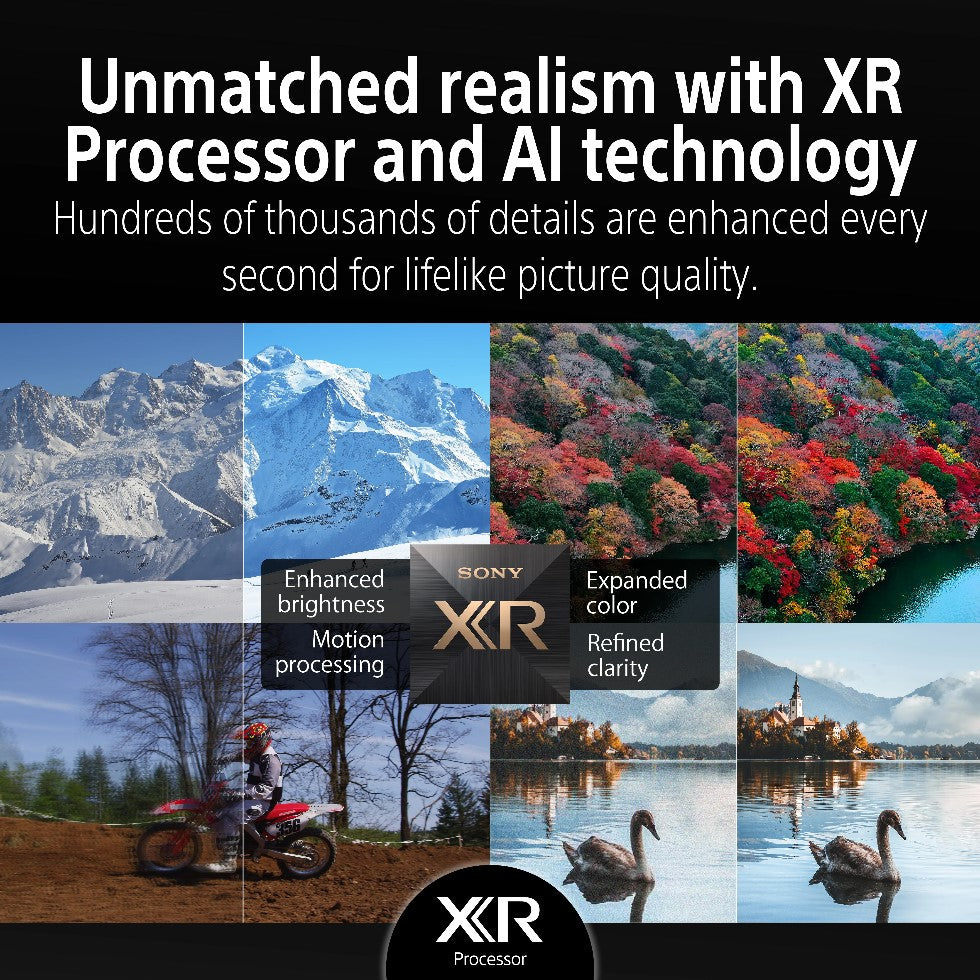 Advertisement for Sony XR Processor and AI technology with scenic images and text.