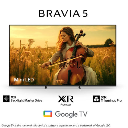 Sony BRAVIA 5 TV displaying a woman playing a cello in a field with technology features listed below.