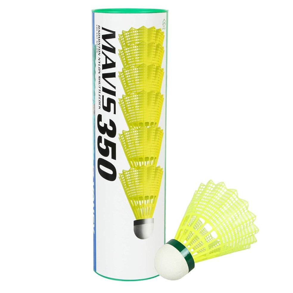 YONEX MAVIS 350 Nylon Shuttlecocks, Green Cap, 6pc Tin