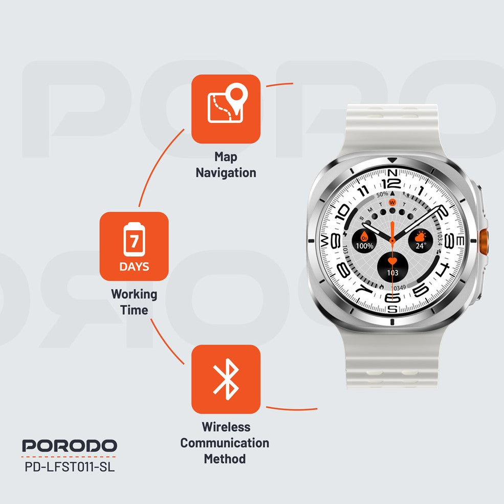 PORODO Voyager Smart Watch, white strap, PD-LFST011-SL