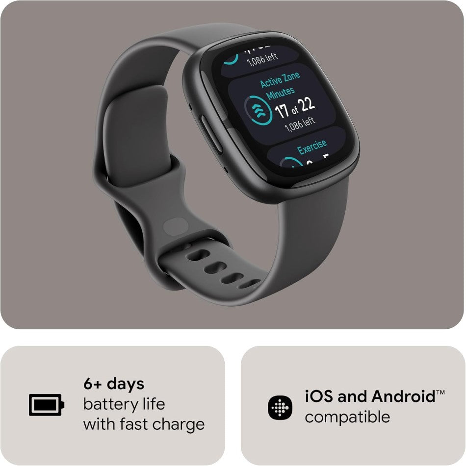 Smartwatch on a gray background with battery life and compatibility information.