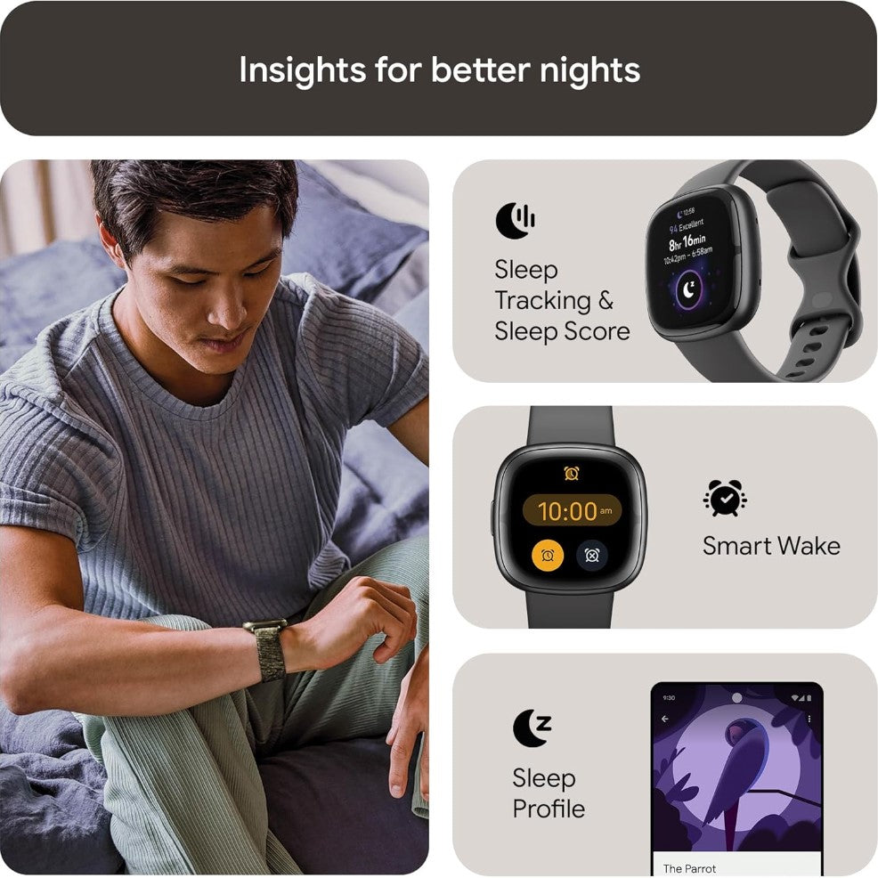 Man using a smartwatch with sleep tracking features displayed on screen