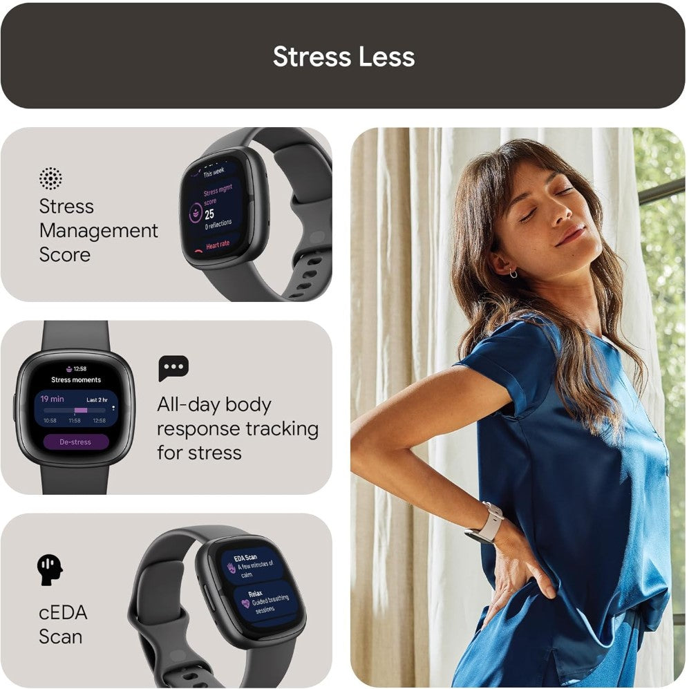 Smartwatch with stress management features and a woman relaxing indoors.