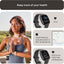 Woman exercising outdoors with fitness tracker and health metrics displayed on screen