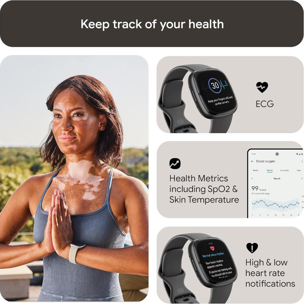 Woman exercising outdoors with fitness tracker and health metrics displayed on screen