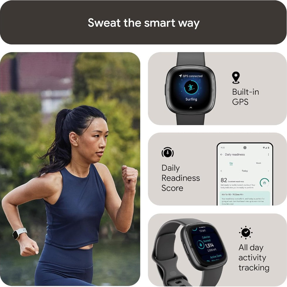 Woman running with a fitness tracker, highlighting features like built-in GPS and daily readiness score.