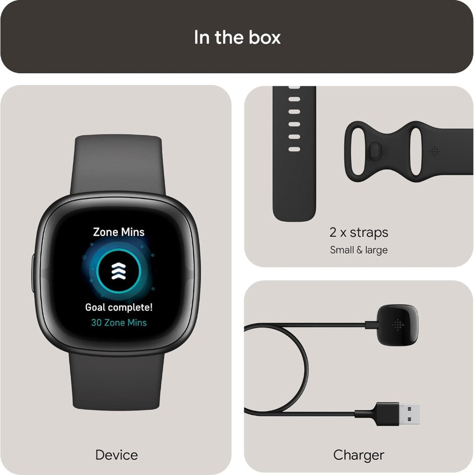 Smartwatch with display, two straps, and charger in a box set on a light gray background.