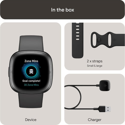 Smartwatch with display, two straps, and charger in a box set on a light gray background.