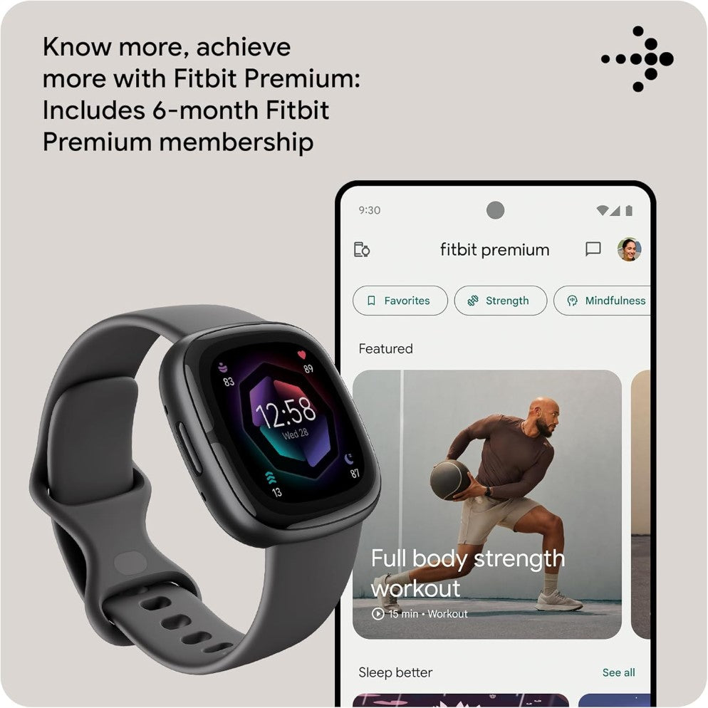 Fitbit smartwatch and smartphone app interface with Fitbit Premium features on a light gray background