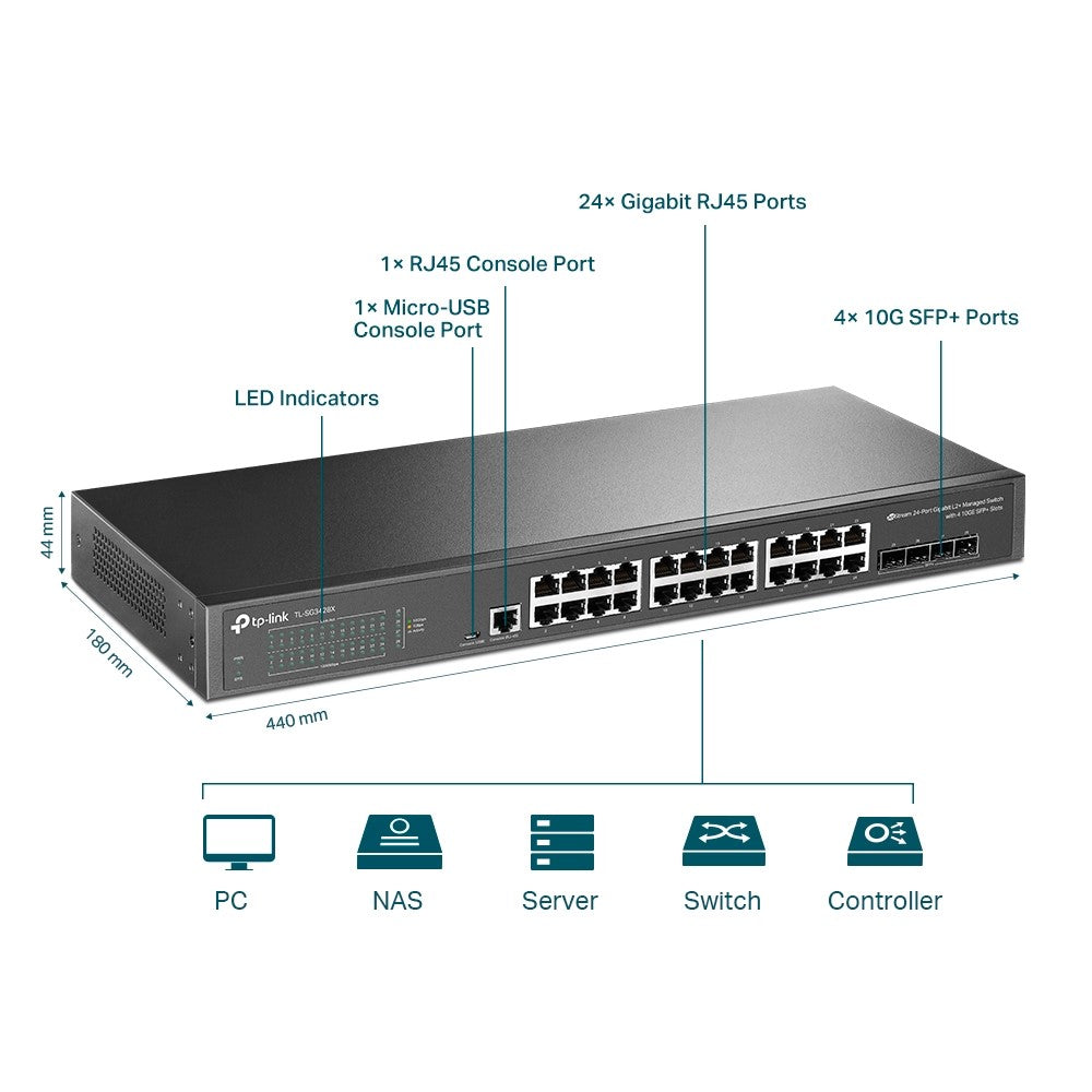 TP-LINK SG3428X, JetStream 24-Port Gigabit Managed Switch, 4 10GE SFP+