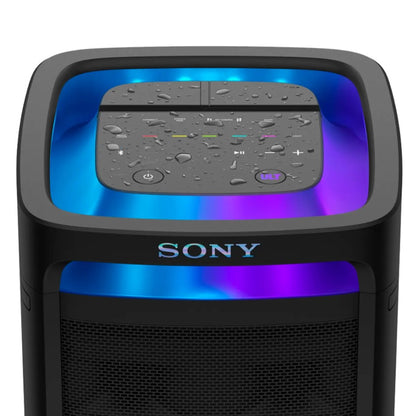 Sony portable speaker with control panel and blue LED lights on a white background