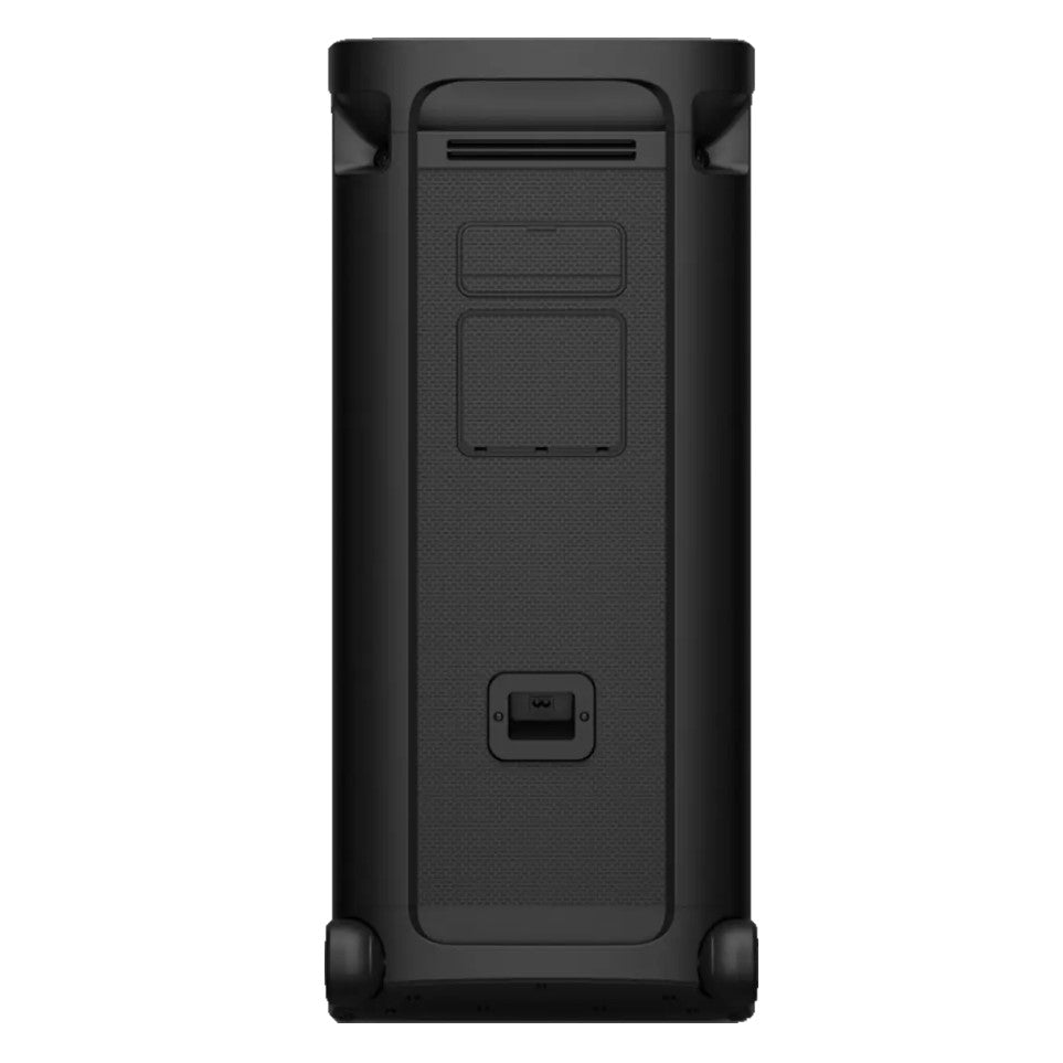 Black portable speaker on a white background