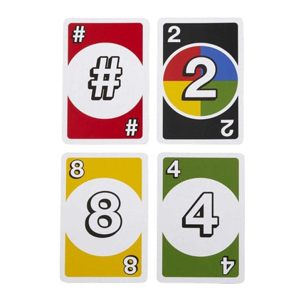 Four playing cards with different numbers and symbols on a white background