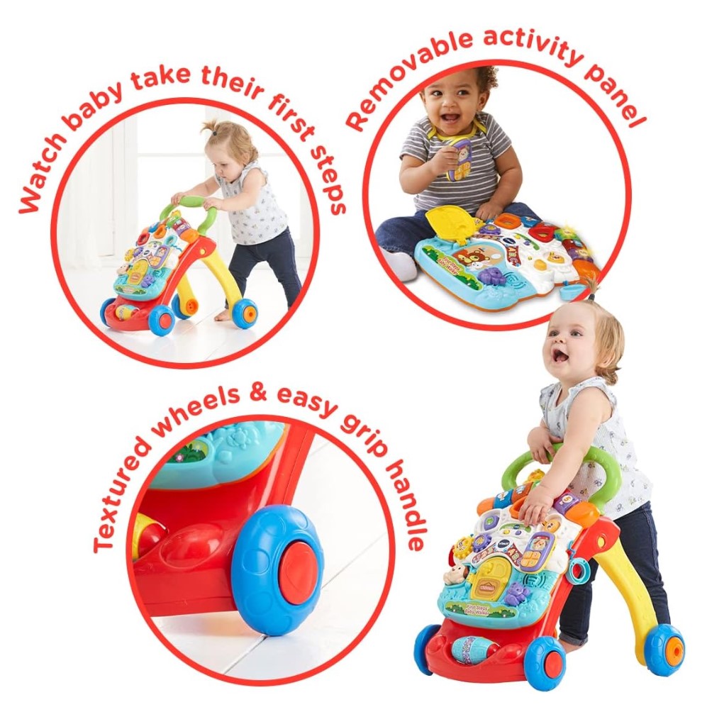 Colorful baby walker with text highlighting features like removable activity panel and textured wheels.